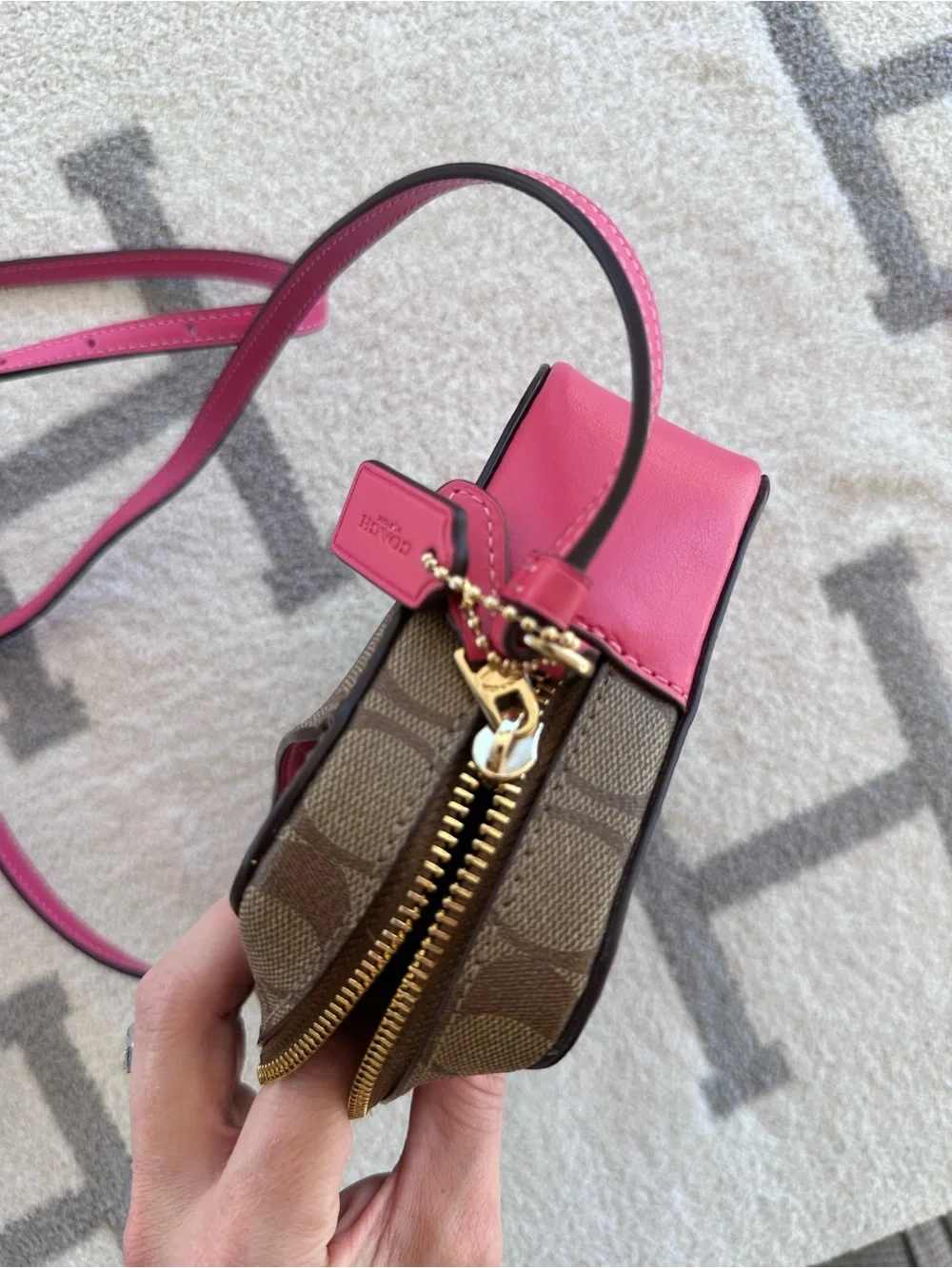 Coach Brown Signature Canvas Crossbody with Pink Trim